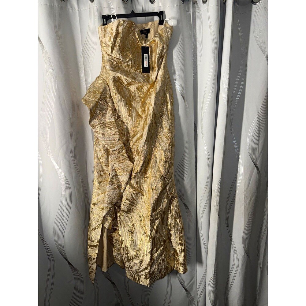 Donna Karan New York Gold Metallic Jacquard Strapless Ruffle Midi Dress 10